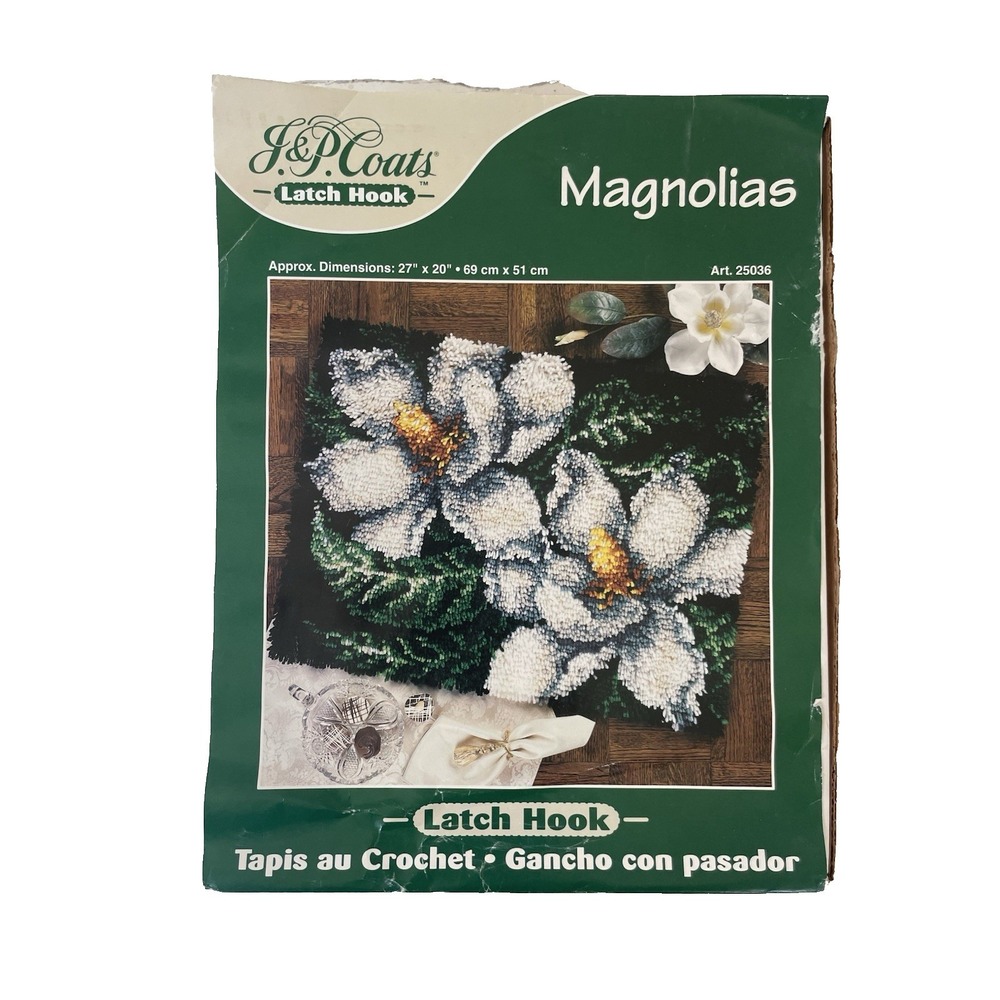 Vtg J & P Coats Latch Hook Kit - 27" X 20"- Magnolias Canvas Instructions Yarn